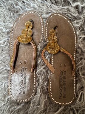 Weweya Handcrafted Brown Leather Sandals with Gold Bead Accents